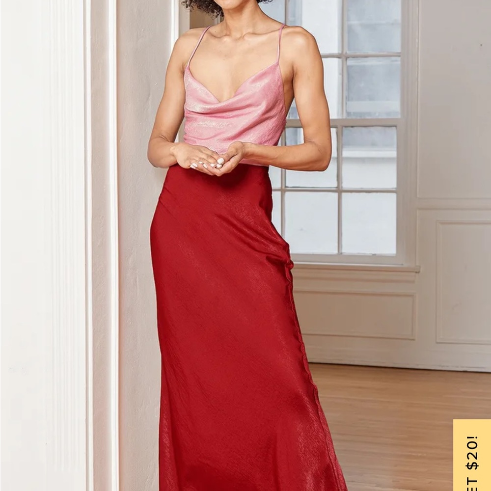 Lulus evening pink color block satin cowl neck maxi dress - size medium.